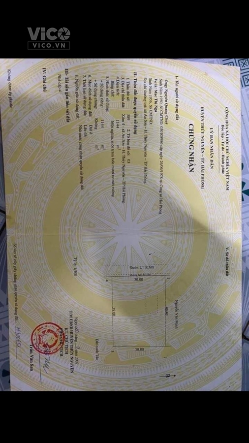 Bán nhanh mảnh đất Mặt liên thôn xã An Sơn, Thủy Nguyên, Hải Phòng