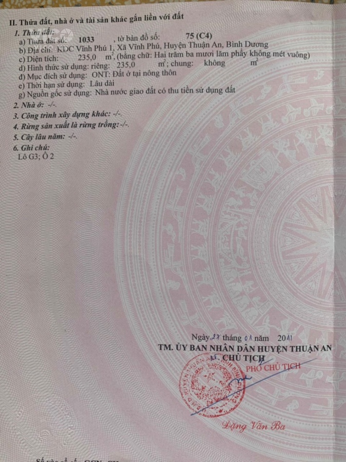 Chính chủ bán lô đất full thổ cư 235m2 tại KDC Vĩnh Phú 1, P. Vĩnh Phú, TP. Thuận An, Bình Dương