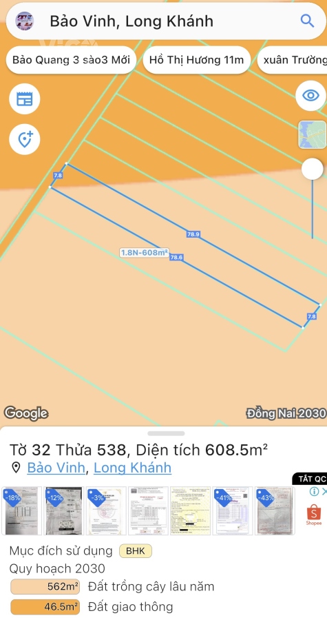 Cần bán gấp 600m2 Đường Bê Tông. Tại P. Bảo Vinh, Tp Long Khánh,
