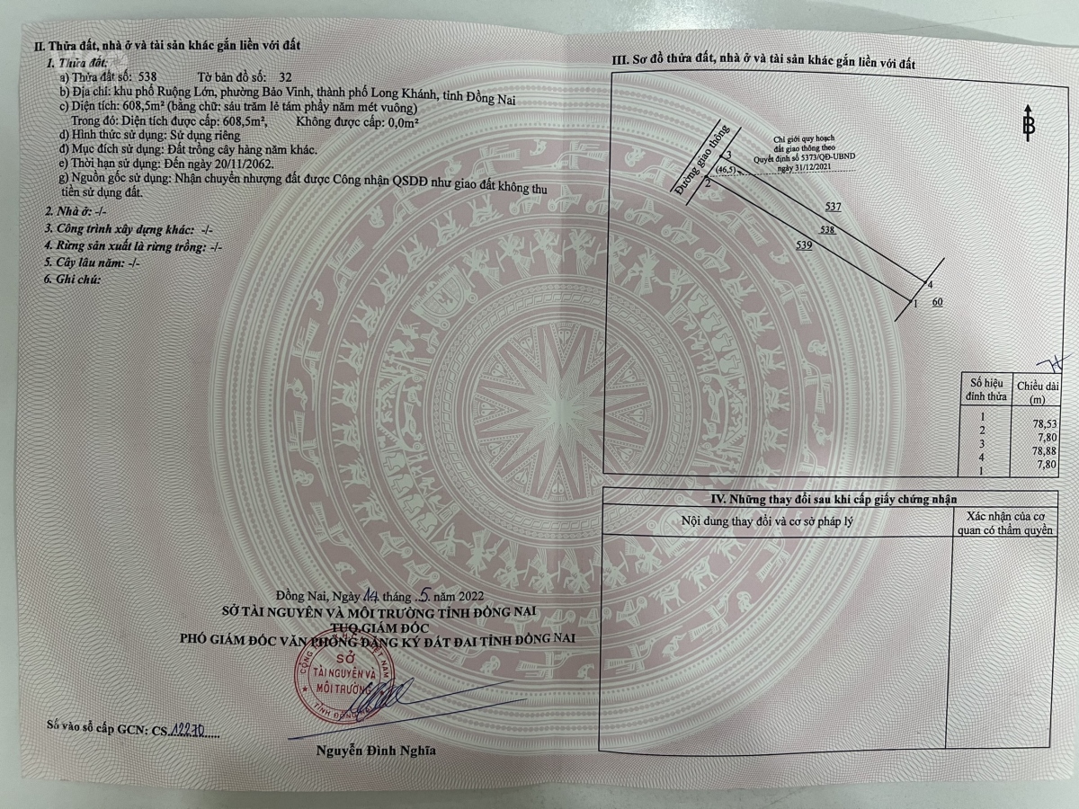 Cần bán gấp 600m2 Đường Bê Tông. Tại P. Bảo Vinh, Tp Long Khánh,