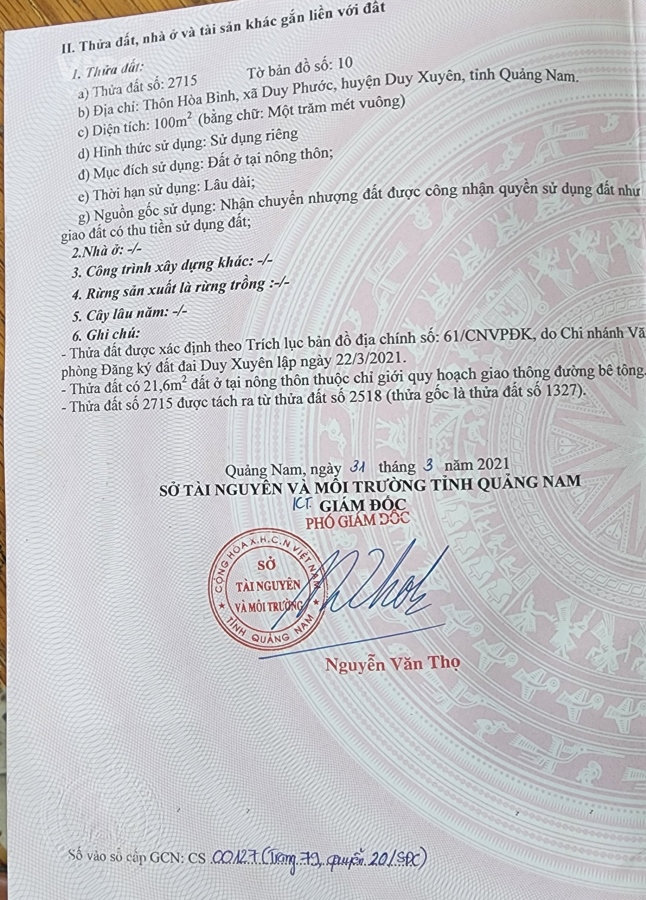 Đất Duy Phước, Duy Xuyên, Quảng Nam sổ hồng công chứng ngay