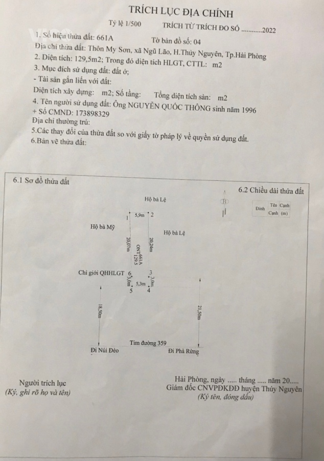 Chính chủ gửi bán lô đất 129,5m2 mặt đường 359 Ngũ Lão TN HP