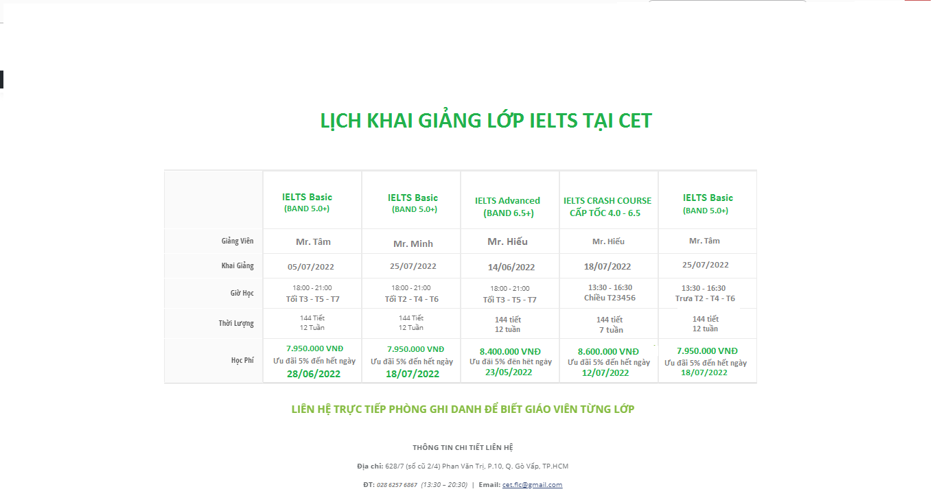 LỊCH HỌC IELTS TẠI CET NĂM 2022