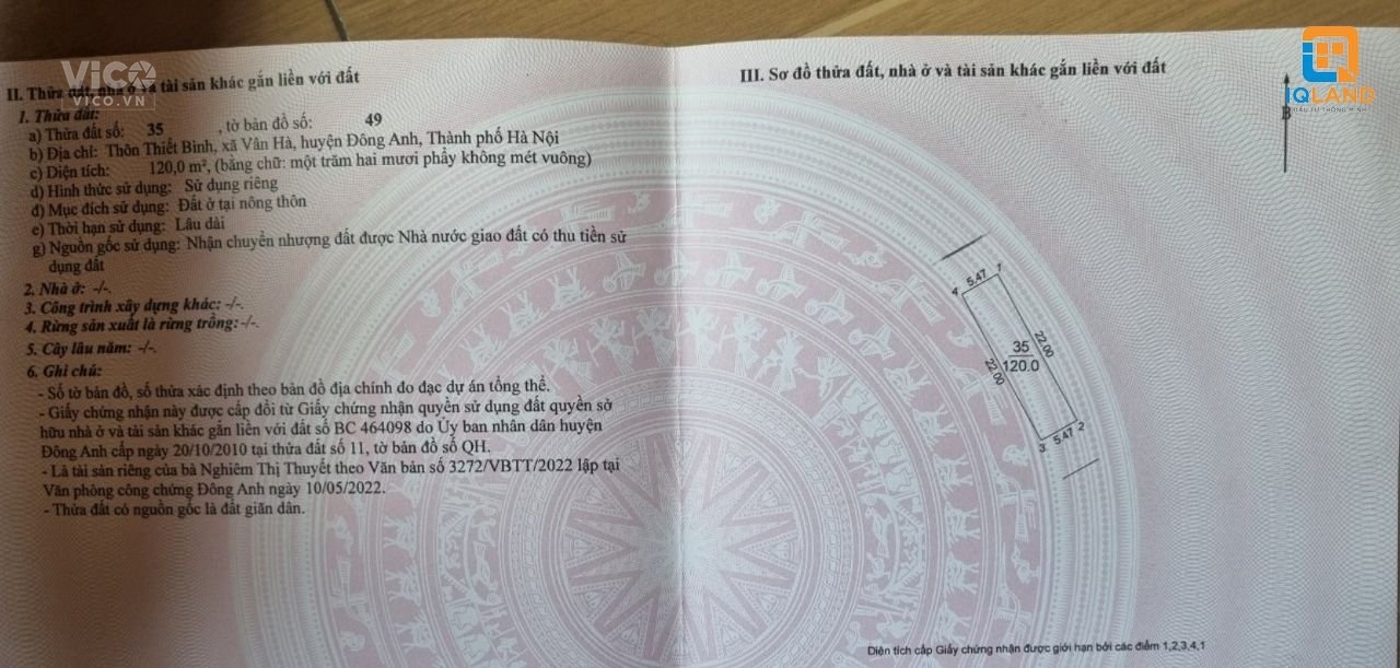 Bán 120m2 đất tại Thiết Bình Vân Hà Đông Anh HN tặng nhà 2 tầng siêu rẻ