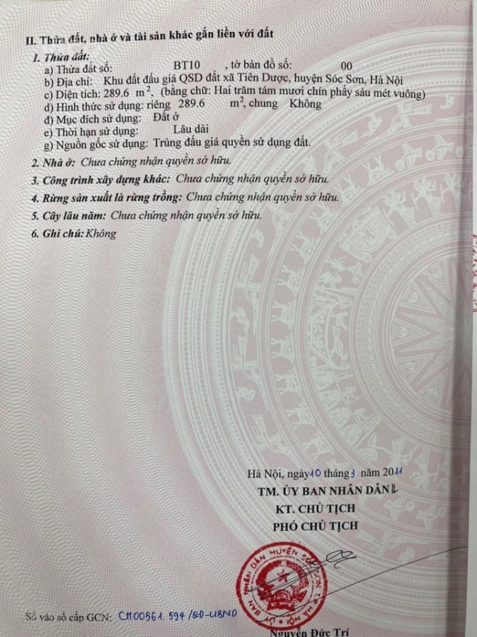 CHỦ CẦN TIỀN BÁN GẤP LÔ ĐẤT 289M2 TẠI KHU ĐẤU GIÁ ĐẤT TIÊN DƯỢC SÓC SƠN TP HÀ NỘI LH