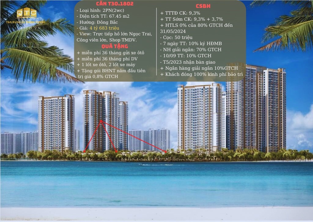 Duy nhất 1 căn 2 phòng ngủ 2 vệ sinh , hướng đông bắc , diện tích 68m2 view trực diện hồ ngọc trai
