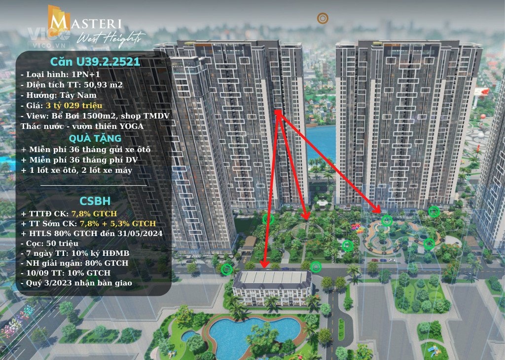Cần bán căn hộ chung cư cao cấp Masteri West Heights tại Vinhomes Smart City, view hồ, bể bơi, giá