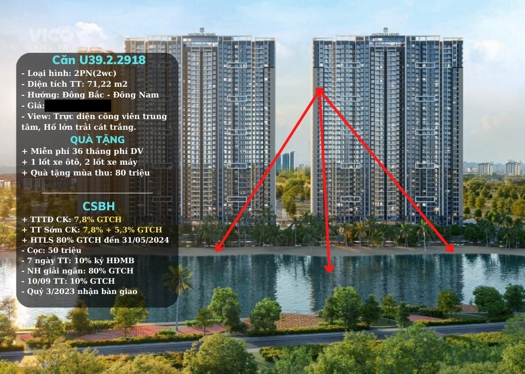 Bán suất ngoại giao CĂN GÓC 2N VIEW HỒ, TẦNG TRUNG đẹp nhất Tòa MASTERI West Heights. Giá gốc CĐT,