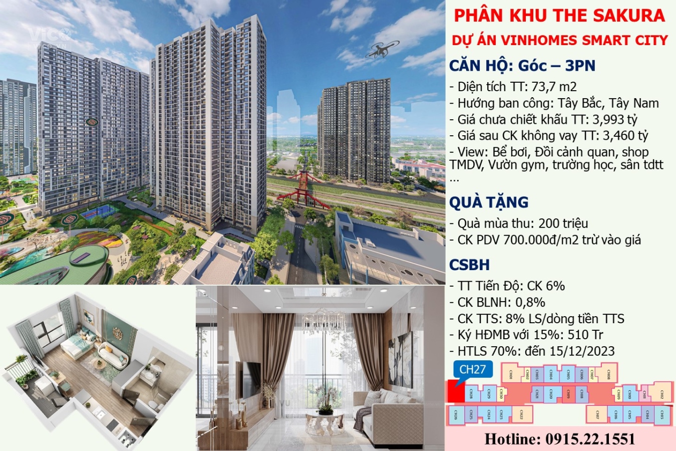 CẦN BÁN CĂN HỘ GÓC 3 NGỦ QUÀ MÙA THU 200 TRIỆU, VINHOMES SMART CITY
