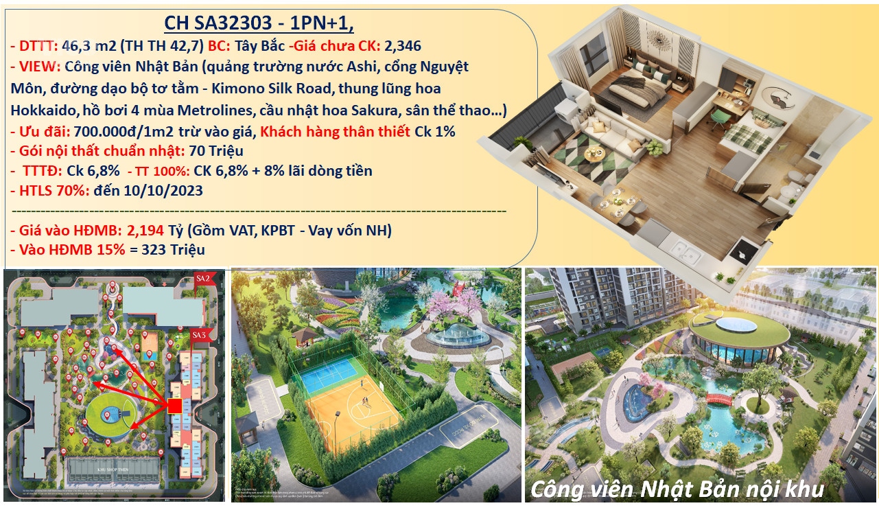 323 TRIỆU KÝ NGAY HĐMB CĂN 1PN1 VINHOMES SMART CITY