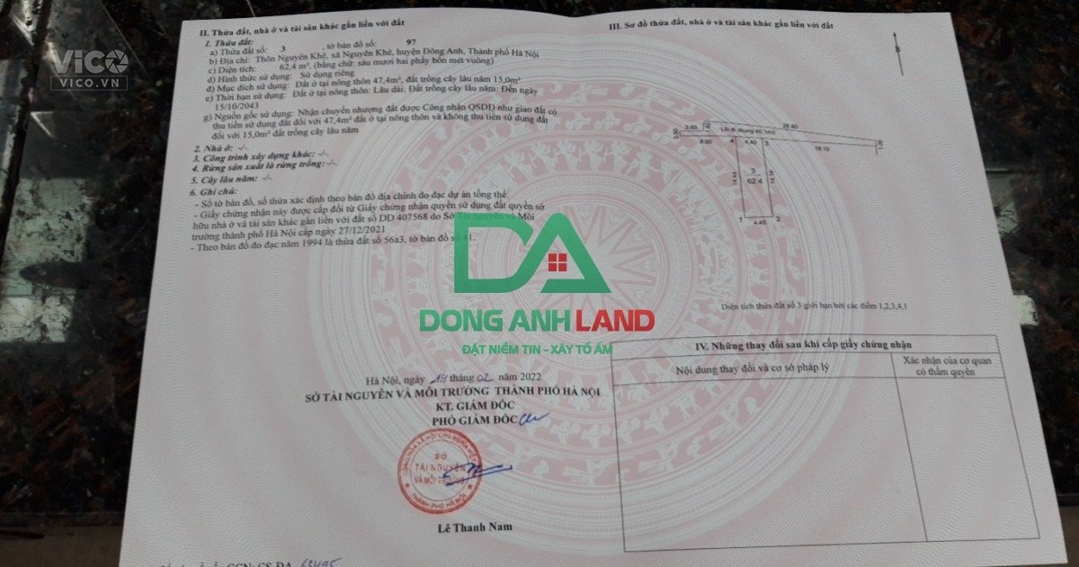 Bán đất Nguyên Khê Đông Anh 62.4m Giá rẻ Ô tô đỗ cửa