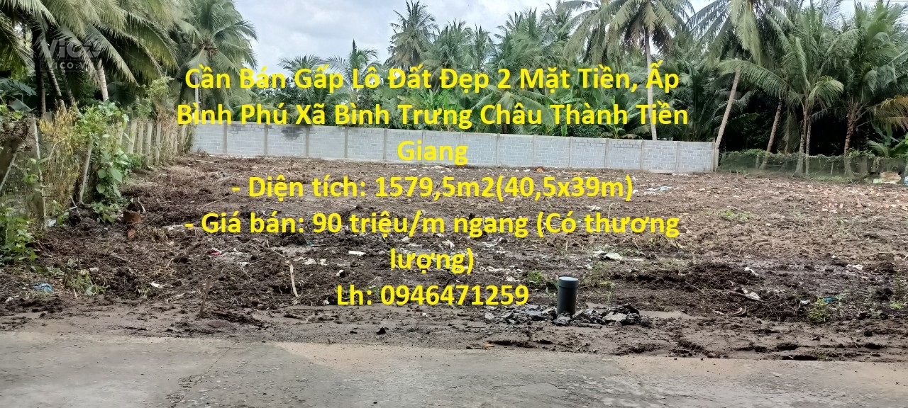 Cần Bán Gấp Lô Đất Đẹp 2 Mặt Tiền, Ấp Bình Phú Xã Bình Trưng Châu Thành Tiền Giang
