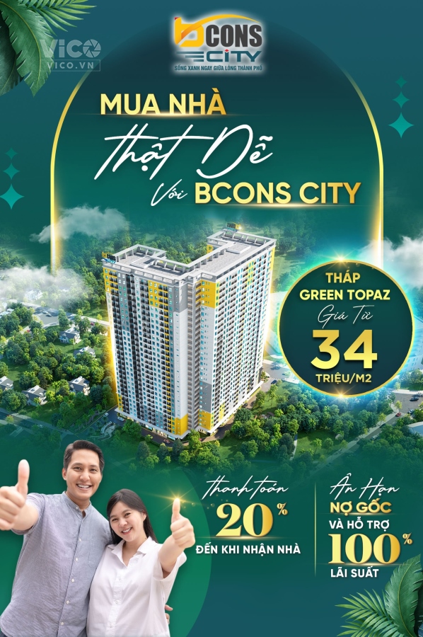 Dự Án Bcons City Tháp Green Topaz. Chỉ 30 triệu giữ ngay 1 căn vị trí siêu đẹp