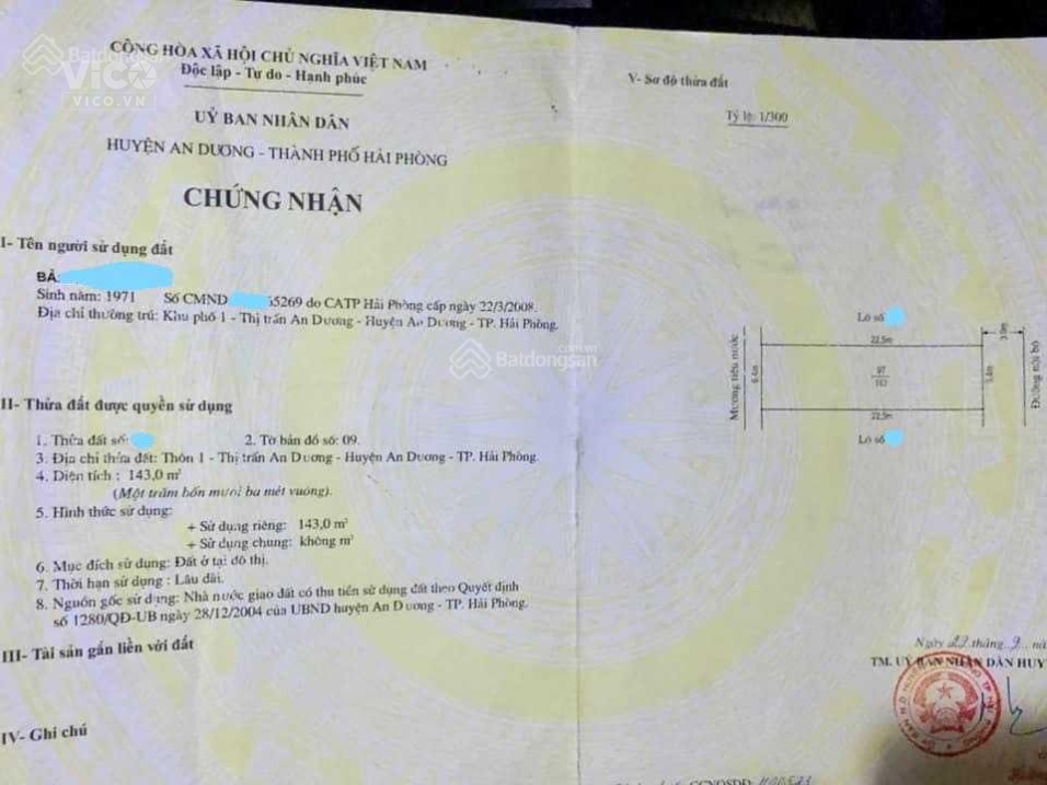 Bán lô đất 143m2 tại tổ 1 trung tâm huyện An Dương, Hải Phòng, chỉ 41 triệu/m2