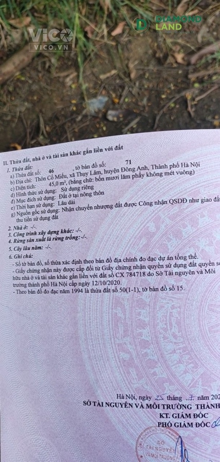 chỉ 1,4 tỷ có ngay 45m2 đất tại Cổ Miếu, Thụy Lâm, Đông Anh, hà Nội, đường 4m ngõ thông
