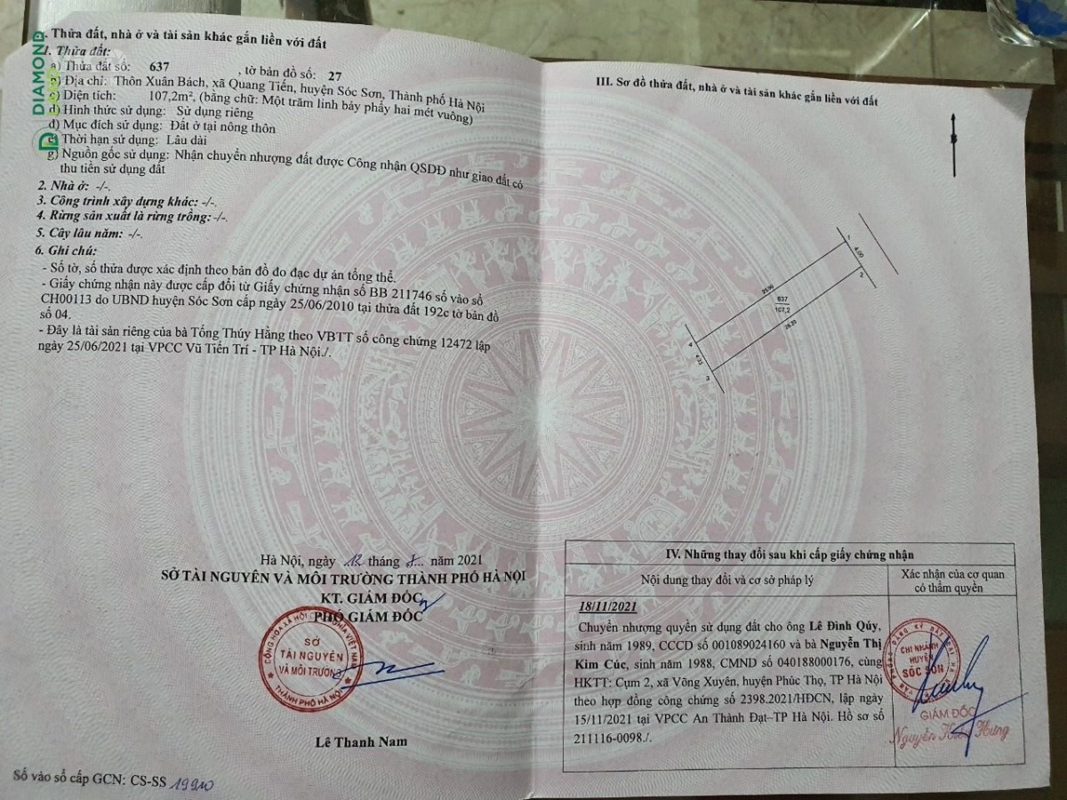 cần bán lại lô đất 107mtại thôn Xuân Bách, xã Quang Tiến, huyện Sóc Sơn