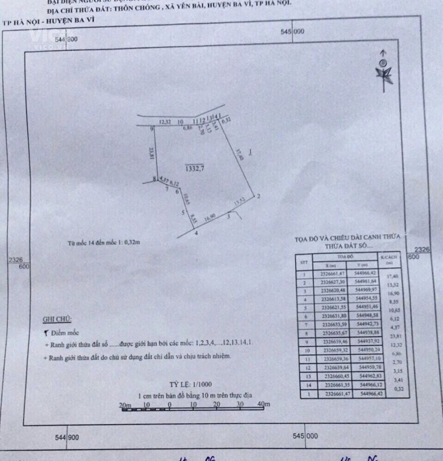 Bán đất Yên Bài Ba Vì, gần Làng Văn Hóa,cách đường QL 1km,ô tô7C,1332m,400m đất ở,nở hậu chia dc 2