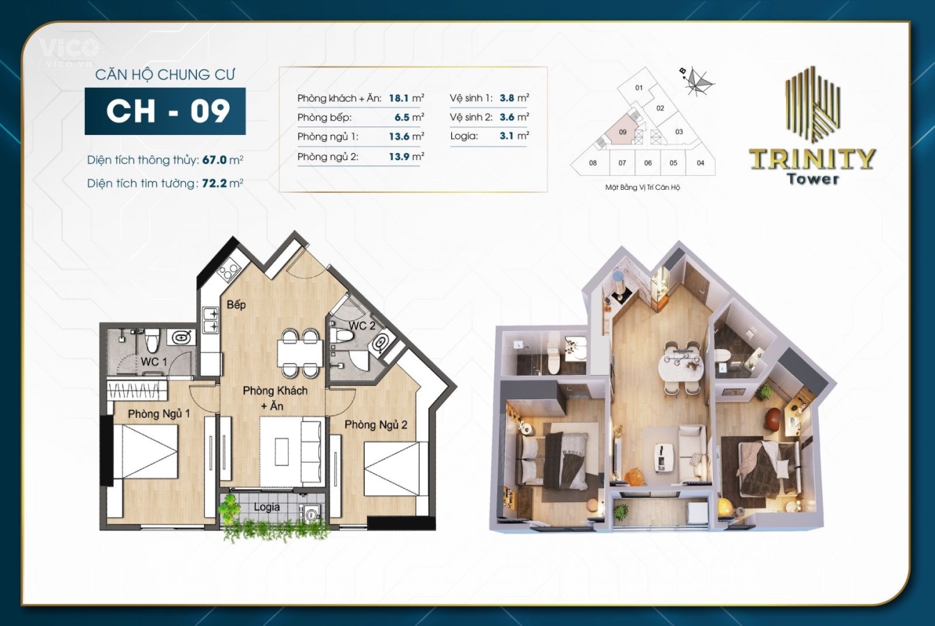 DUY NHẤT ! CĂN 2 NGỦ đẹp nhất dự án TRINITY TOWER 67m2 tầng VIP 2023 View 2 hồ lớn SẮP nhận nhà