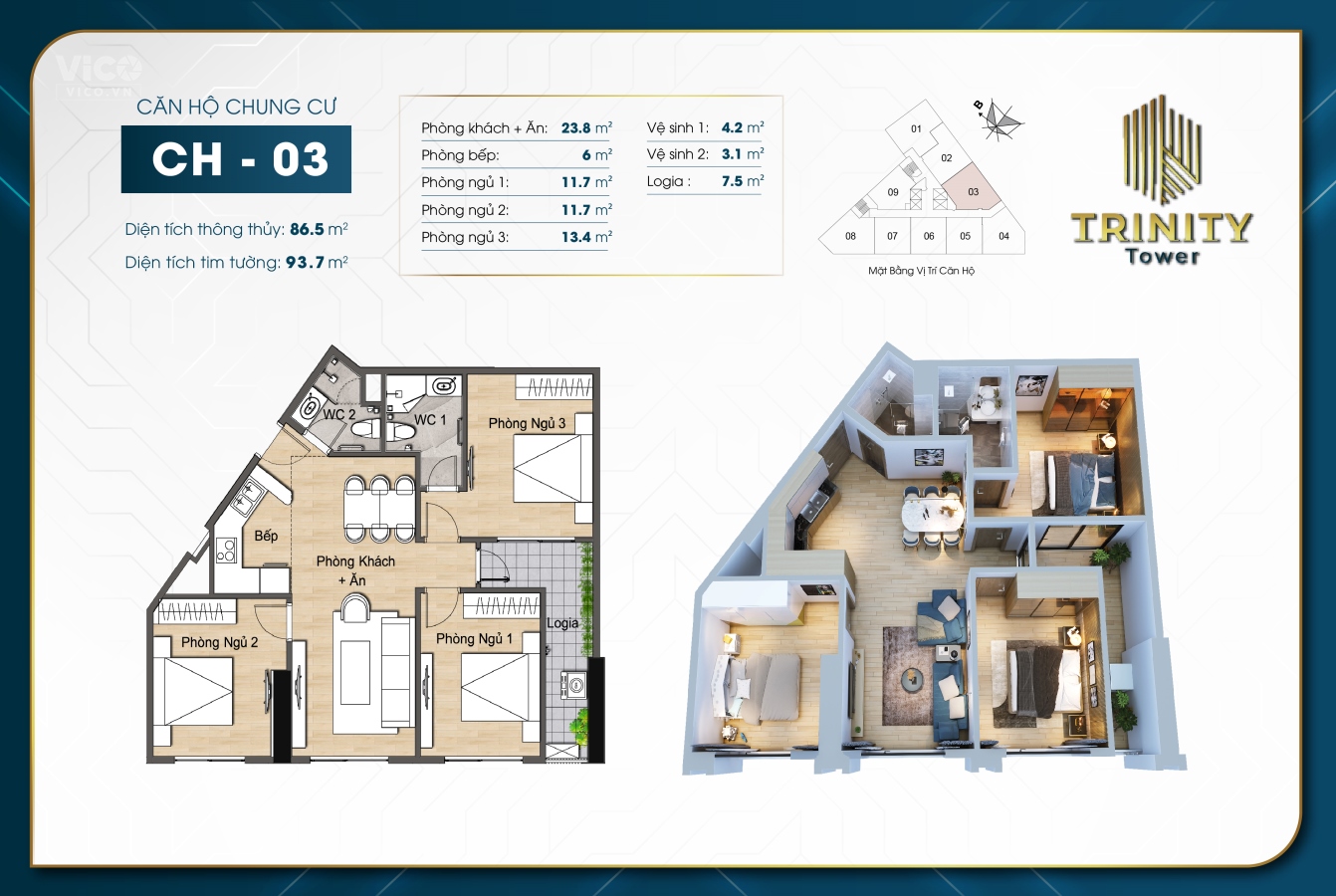 VIP! Bán căn 3 ngủ 87m2 Trinity Tower tầng đẹp 1518 giá siêu rẻ 3.950 tỷ bao tên ban công Đông Nam
