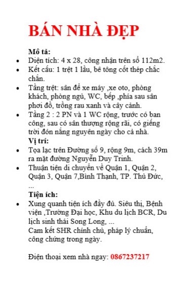 BÁN NHÀ ĐẸP QUẬN 9 TP THỦ ĐỨC GIÁ 5.5 TỶ / 108M2