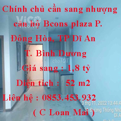 Chính chủ cần sang nhượng căn hộ Bcons plaza Phường Đông Hòa, Thành phố Dĩ An, Bình Dương