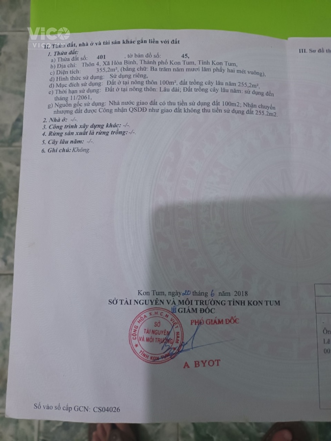 CHÍNH CHỦ CẦN BÁN LÔ ĐẤT 2 MẶT TIỀN THÔN 4 XÃ HOÀ BÌNH THÀNH PHỐ KON TUM TỈNH KON TUM
