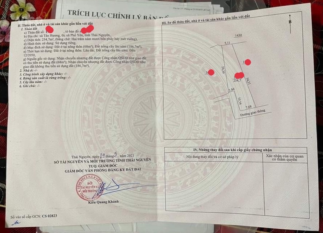 BÁN GẤP LÔ ĐẤT TẠI PHƯỜNG TÂN HƯƠNG TP PHỔ YÊN 254M GIÁ CHƯA ĐẾN 700TR