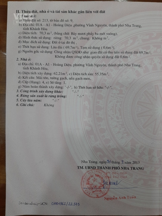 BÁN ĐẤT NỀN NHA TRANG, KHÁNH HÒA, DT 69M NGANG 5,5M, GIÁ 3,6 TỶ